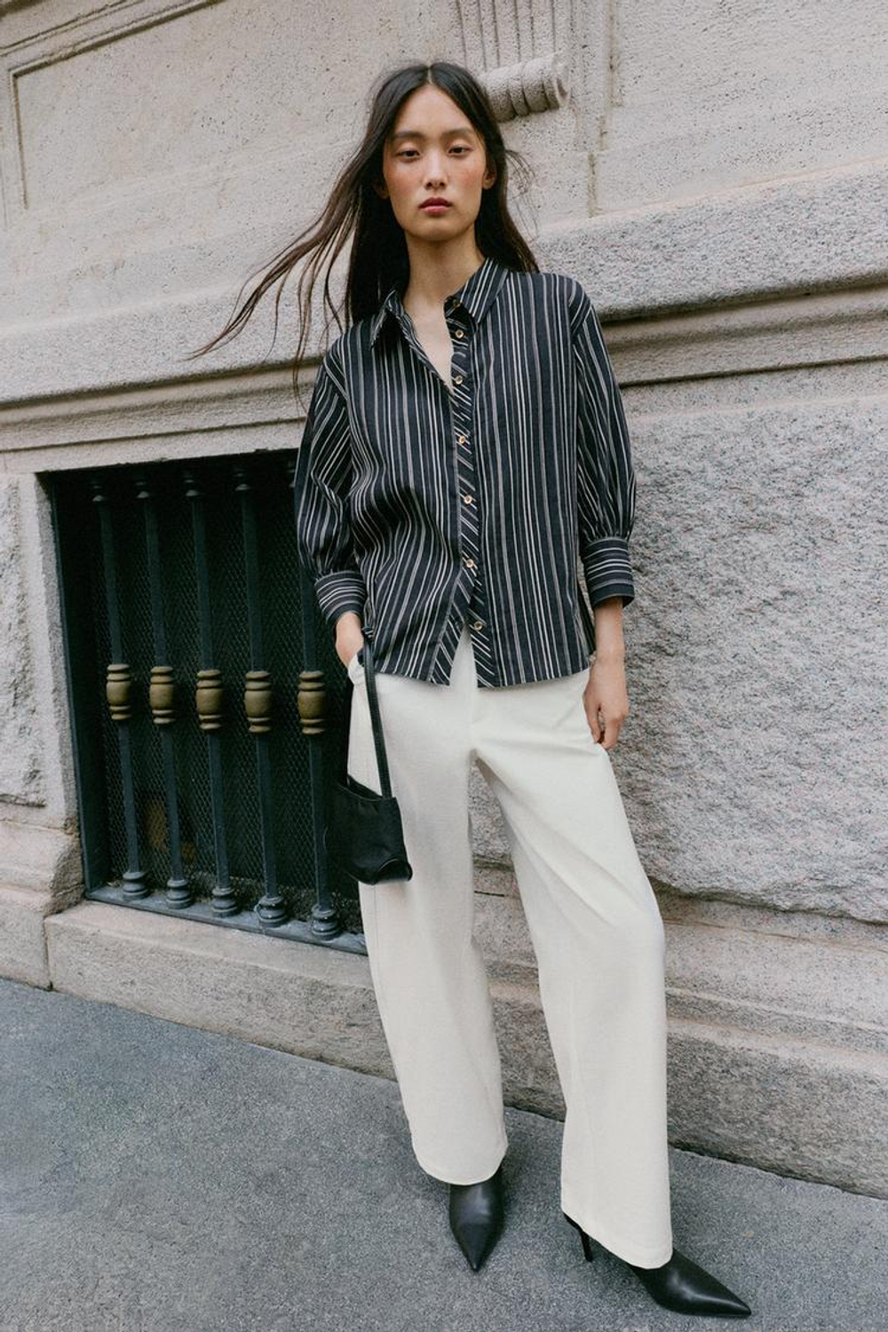 ZARA РУБАШКА В ПОЛОСКУ С РУКАВАМИ 3/4, ЧЕРНЫЙ/ЭКРЮ