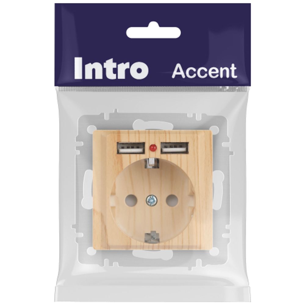 Розетка Intro Accent 6-410-11 с заземлением 2P+E Schuko со шторками 16А-250В + 2хUSB IP20 СУ сосна | Intro