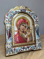 Казанская БМ, икона арочная с рамкой под стеклом, красное дерево, эмаль 167х228