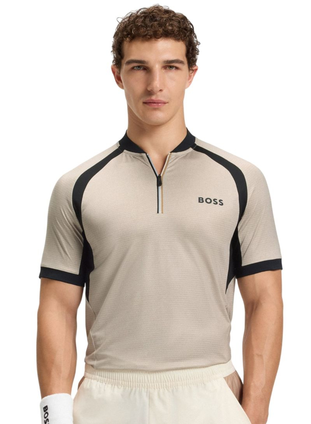 Мужская теннисная футболка BOSS Matchball TOC Zip-Neck Slim-Fit — светло-бежевая