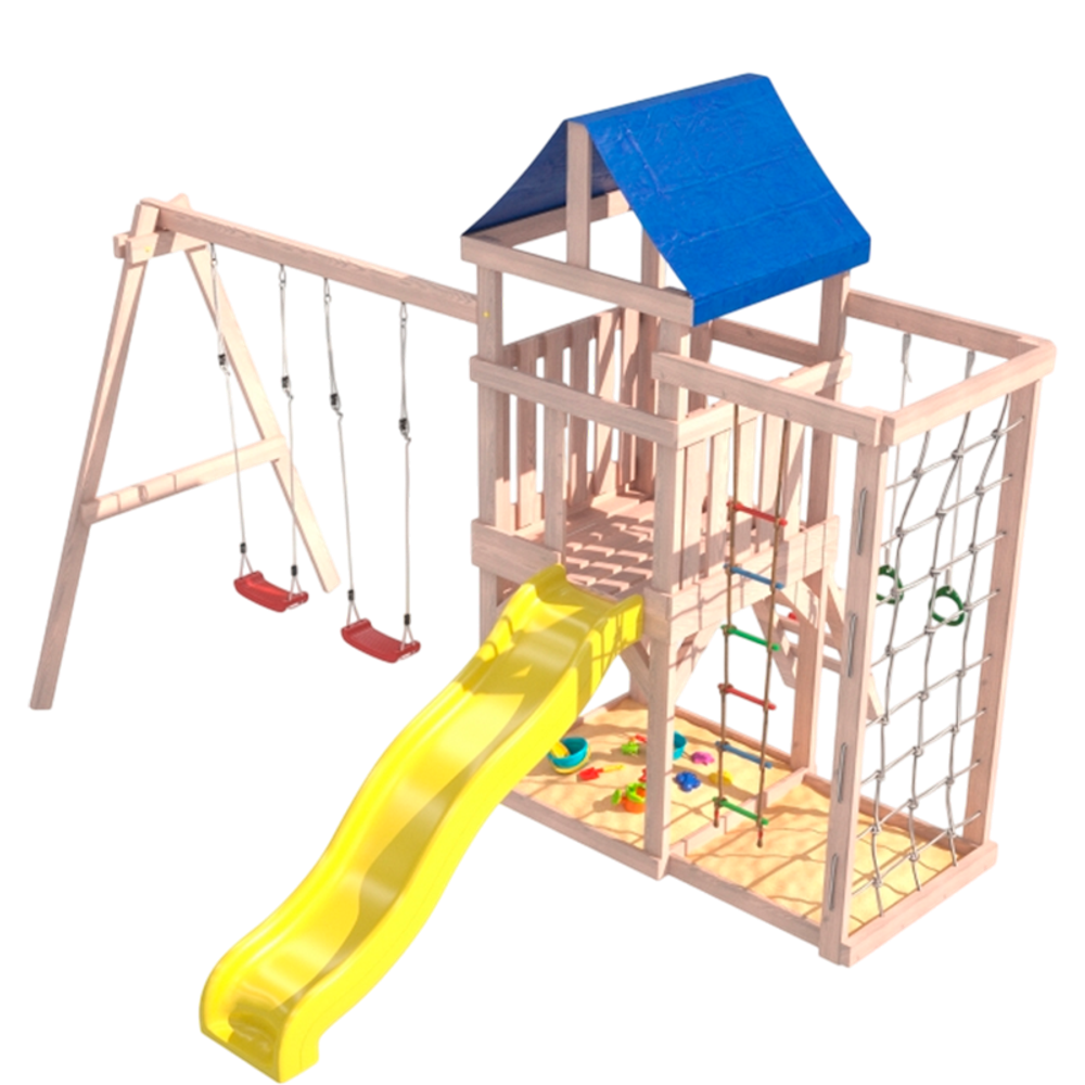 Детская площадка для улицы и дачи Fun Land неокрашенная с сеткой стенкой и качелями