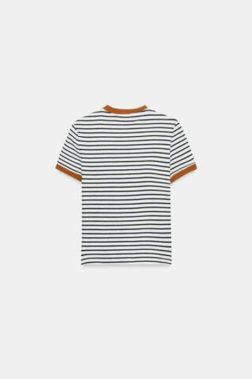 ZARA ФУТБОЛКА В ПОЛОСКУ С КОРОТКИМ РУКАВОМ, ЭКРЮ/ТЕМНО-СИНИЙ