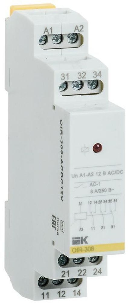 Реле промежуточное модульное OIR 3 контакта 8А 12В AC/DC IEK Реле промежуточное модульное OIR 3 контакта 8А 12В AC/DC IEK