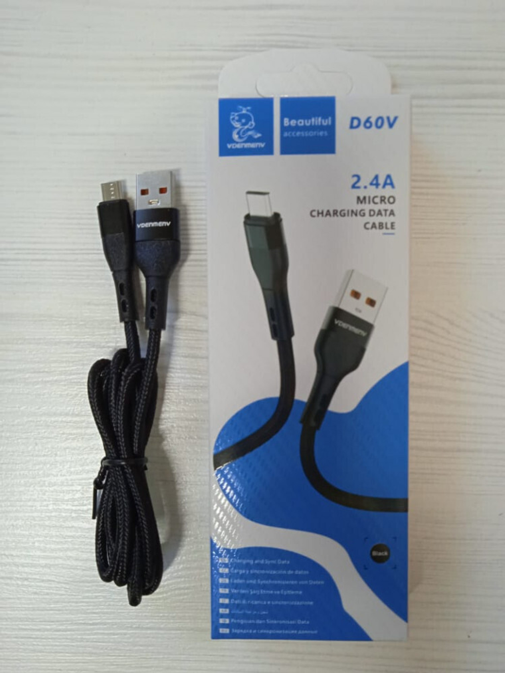 Кабель DENMEN D60V USB-microUSB 2.4A 1м Nylon Black