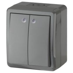 Выключатель ЭРА Эксперт 11-1405-03 двойной с подсветкой IP54 10АХ-250В ОУ серый | Эра Эксперт