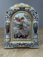 Георгий Победоносец, икона арочная с рамкой, белое дерево, эмаль 167х228
