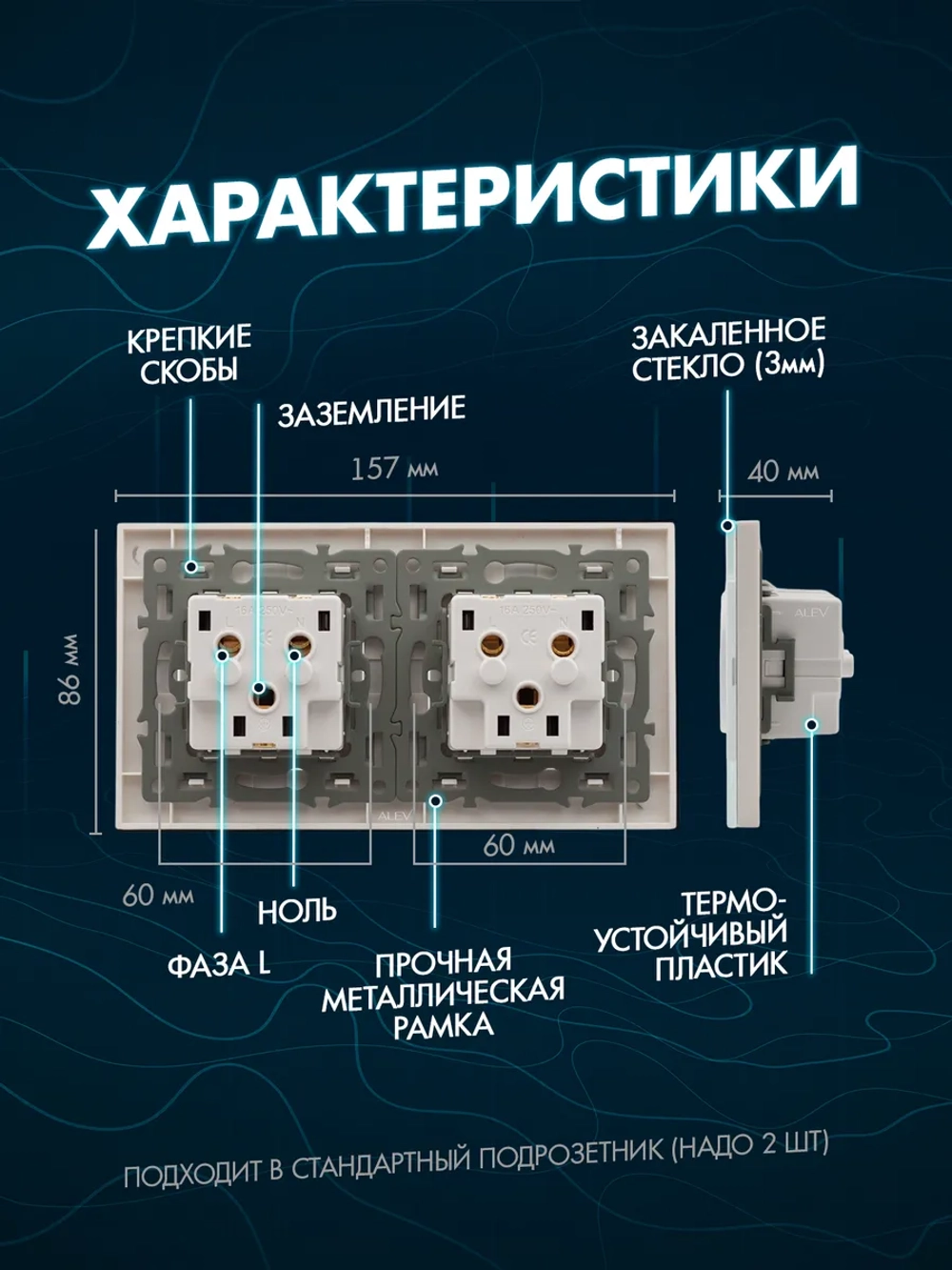 Розетка с заземлением двойная из закаленного стекла