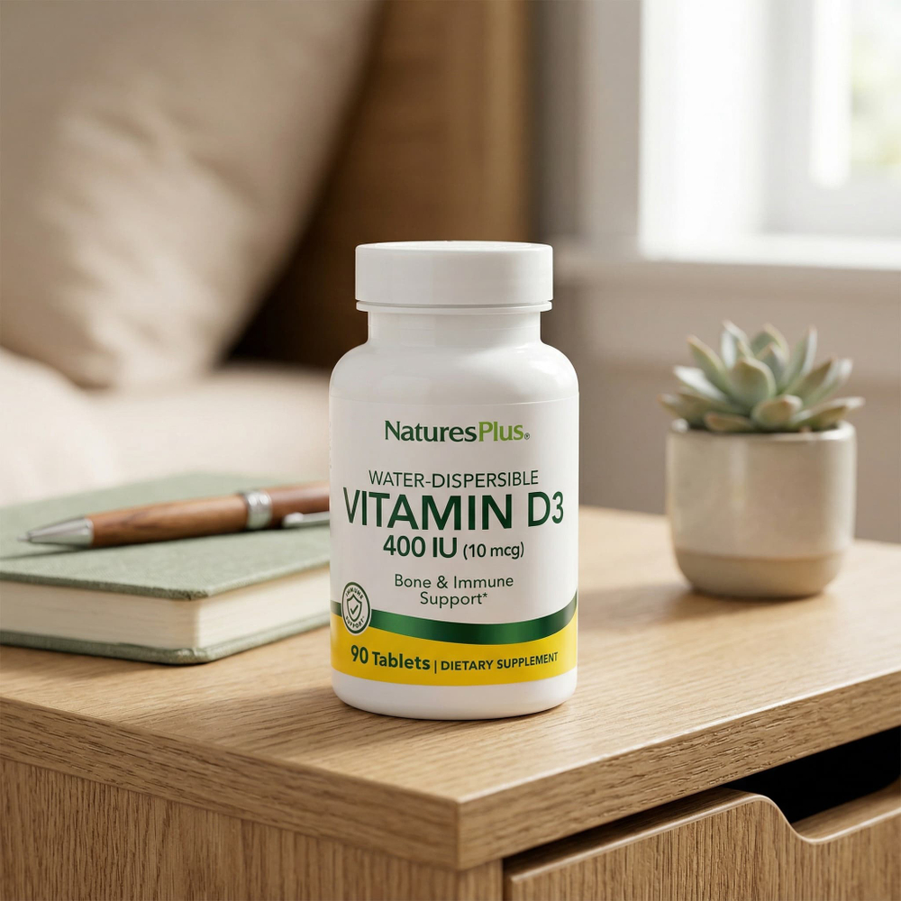 NaturesPlus, Водорастворимый витамин D3, 10 мкг (400 МЕ), 90 таблеток