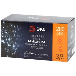 Светодиодная новогодняя гирлянда ЭРА ENIN - WC мишура 3,9 м белый провод холодный свет | Гирлянды