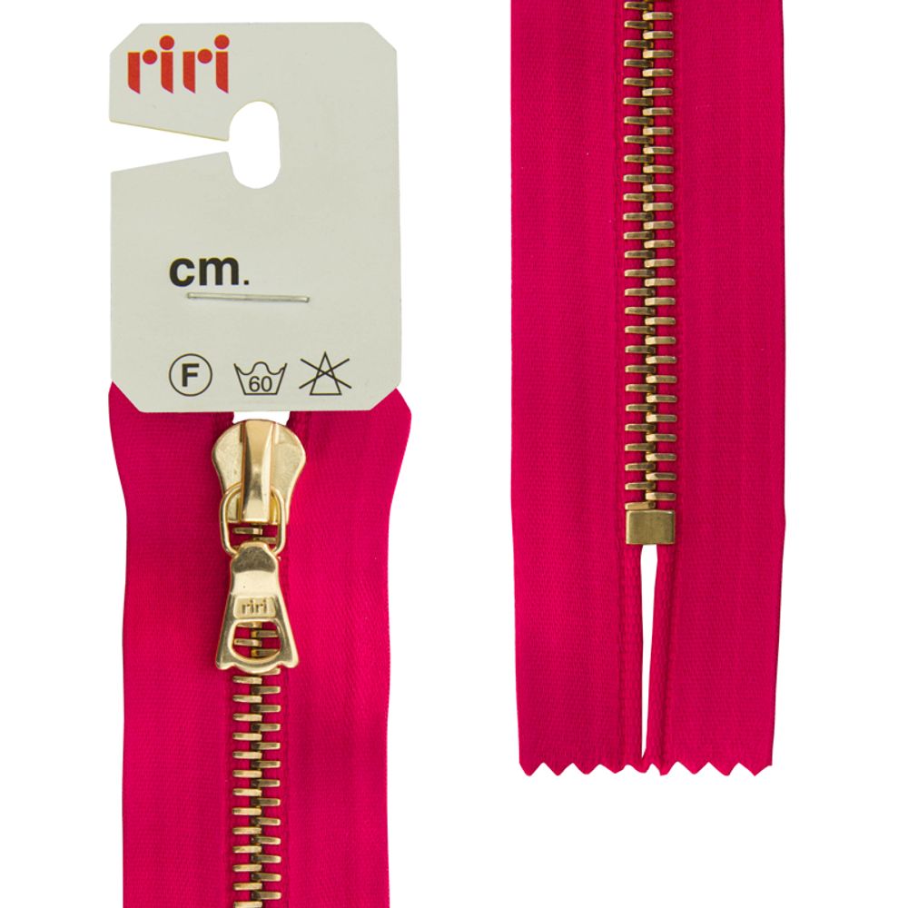 Молния металл RIRI Т6 (6 мм) 1 зам., н/раз., 16 см, Gold, атласная тесьма, цв.9407, малиновый, 1 шт