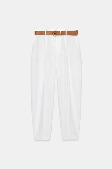 ZARA ЛЬНЯНЫЕ БРЮКИ С РЕМНЕМ, БЕЛЫЙ