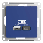 ATLASDESIGN USB РОЗЕТКА А+С, 5В/2,4А, 2х5В/1,2А, механизм, АКВАМАРИН