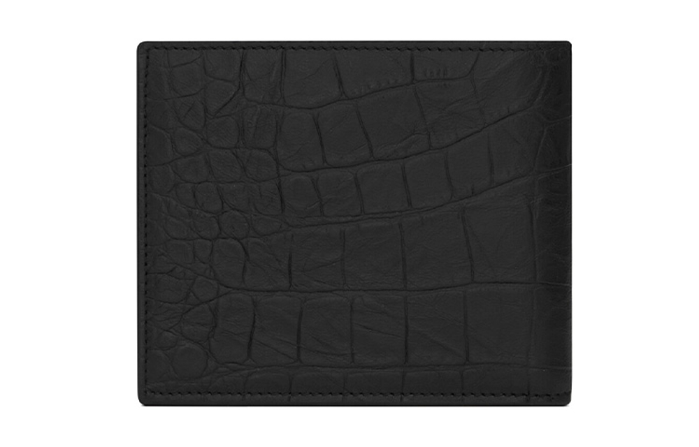 SAINT LAURENT CASSANDRE Crocodile Pattern Cow Leather Bifold Wallet Unisex Black