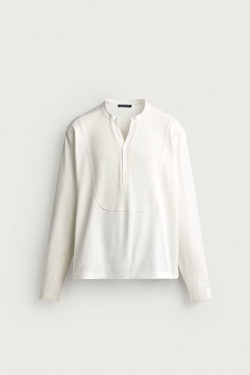 ZARA ФУТБОЛКА RELAXED FIT С ВОРОТНИКОМ-СТОЙКОЙ, ЖЕЛТОВАТО-БЕЛЫЙ
