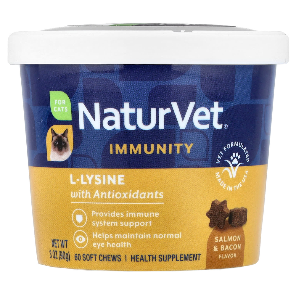 NaturVet, Immunity, L-лизин с антиоксидантами, для кошек, лосось и бекон, 60 жевательных таблеток, 90 г (3 унции)
