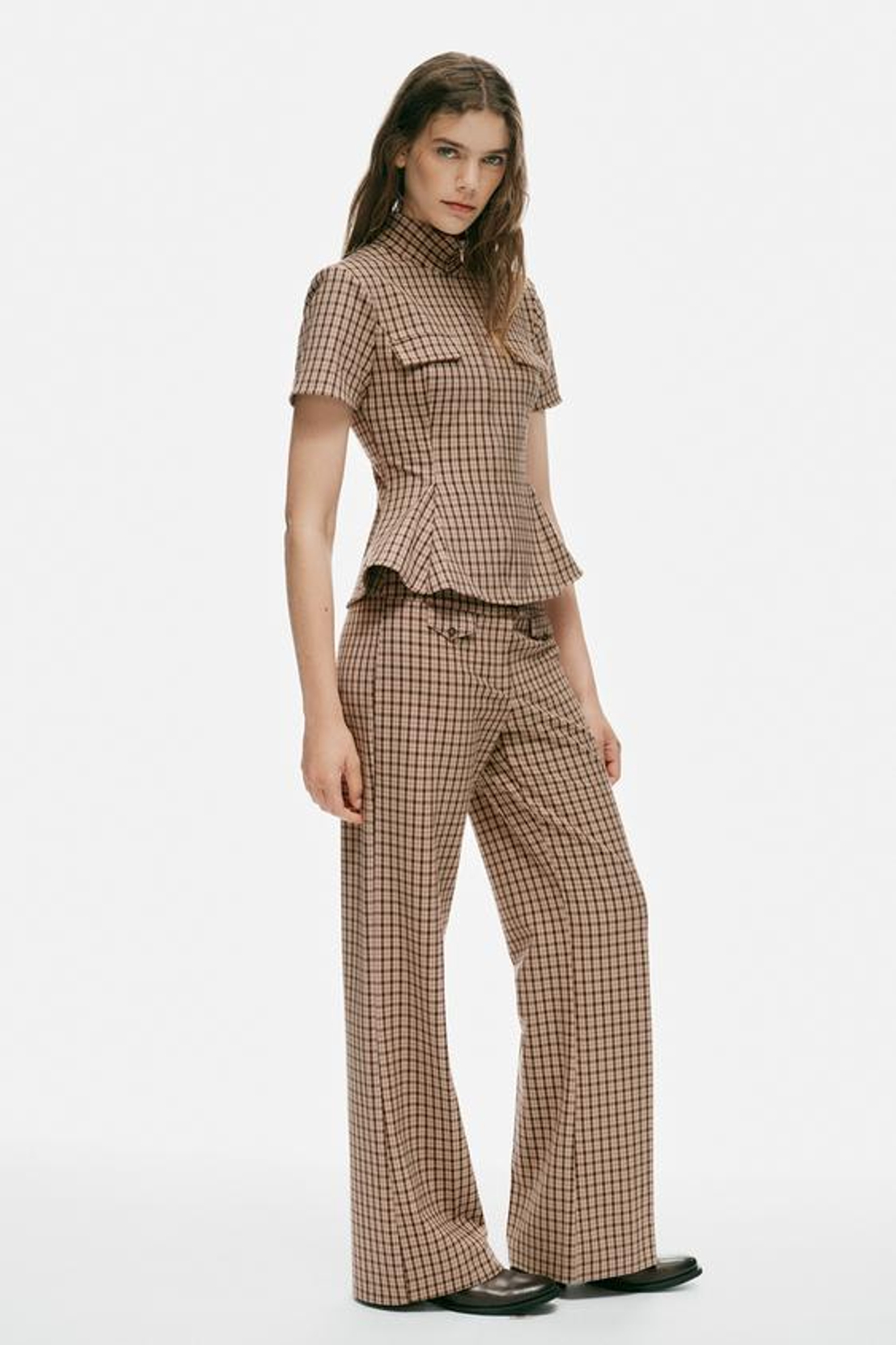 ZARA БРЮКИ В КЛЕТКУ С КЛАПАНАМИ, БЕЖЕВО-КОРИЧНЕВЫЙ