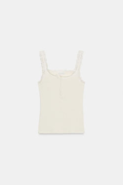 ZARA КРУЖЕВНОЙ ТОП В СТИЛЕ ХЕНЛИ, ЖЕЛТОВАТО-БЕЛЫЙ