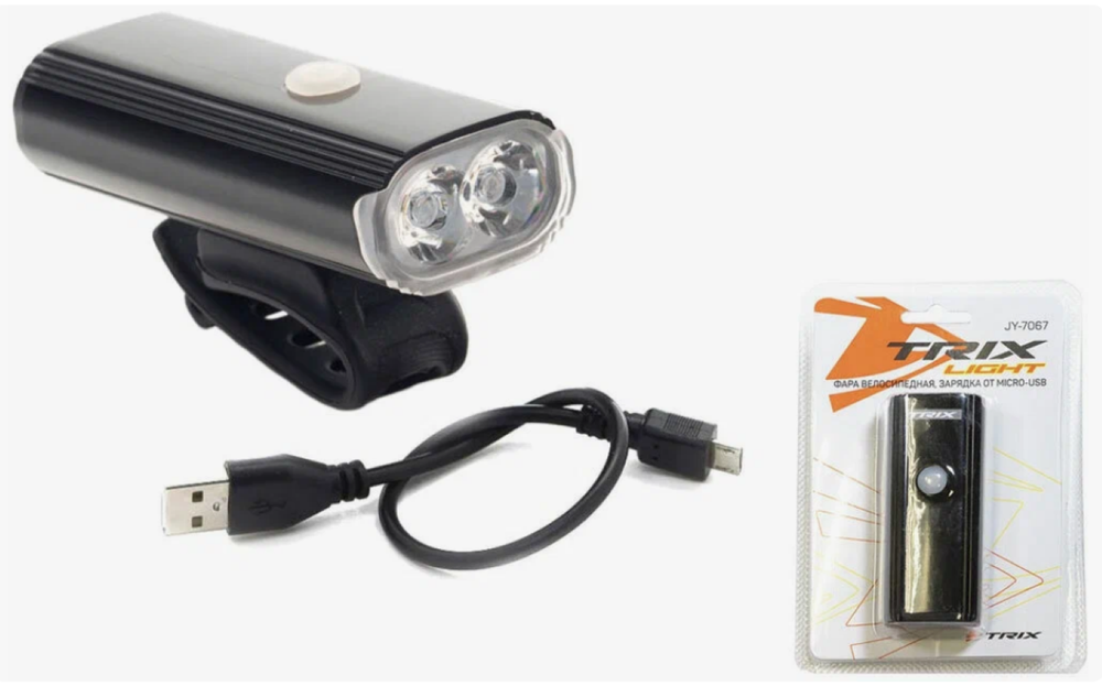 Фара TRIX передняя, 2 Cree XPG диода, 800 lm, 8 режимов, крепеж на руль, индикатор зарядки, аккумулятор, micro USB, алюминий