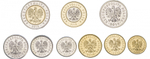 Набор 9 монет 2009-2015 гг. 1, 2, 5, 10, 25, 50 грошей, 1, 2, 5 злотых. Польша. UNC