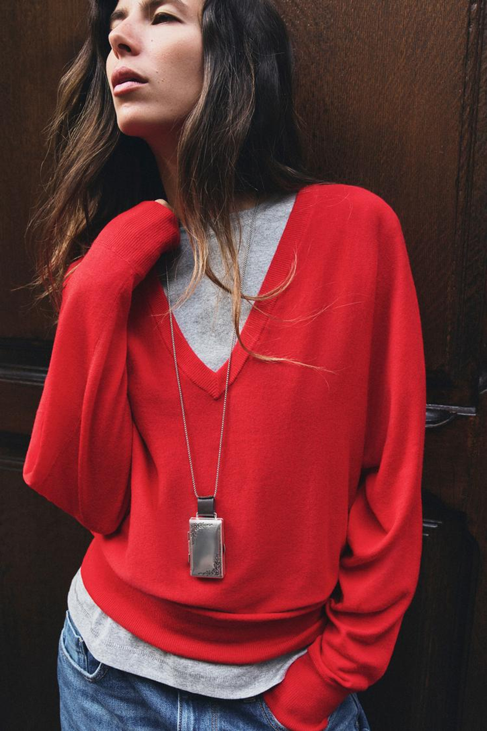 ZARA СВИТЕР ИЗ 100% ШЕРСТИ ЭКСТРАМЯГКИЙ С V-ОБРАЗНЫМ ВЫРЕЗОМ, КРАСНЫЙ