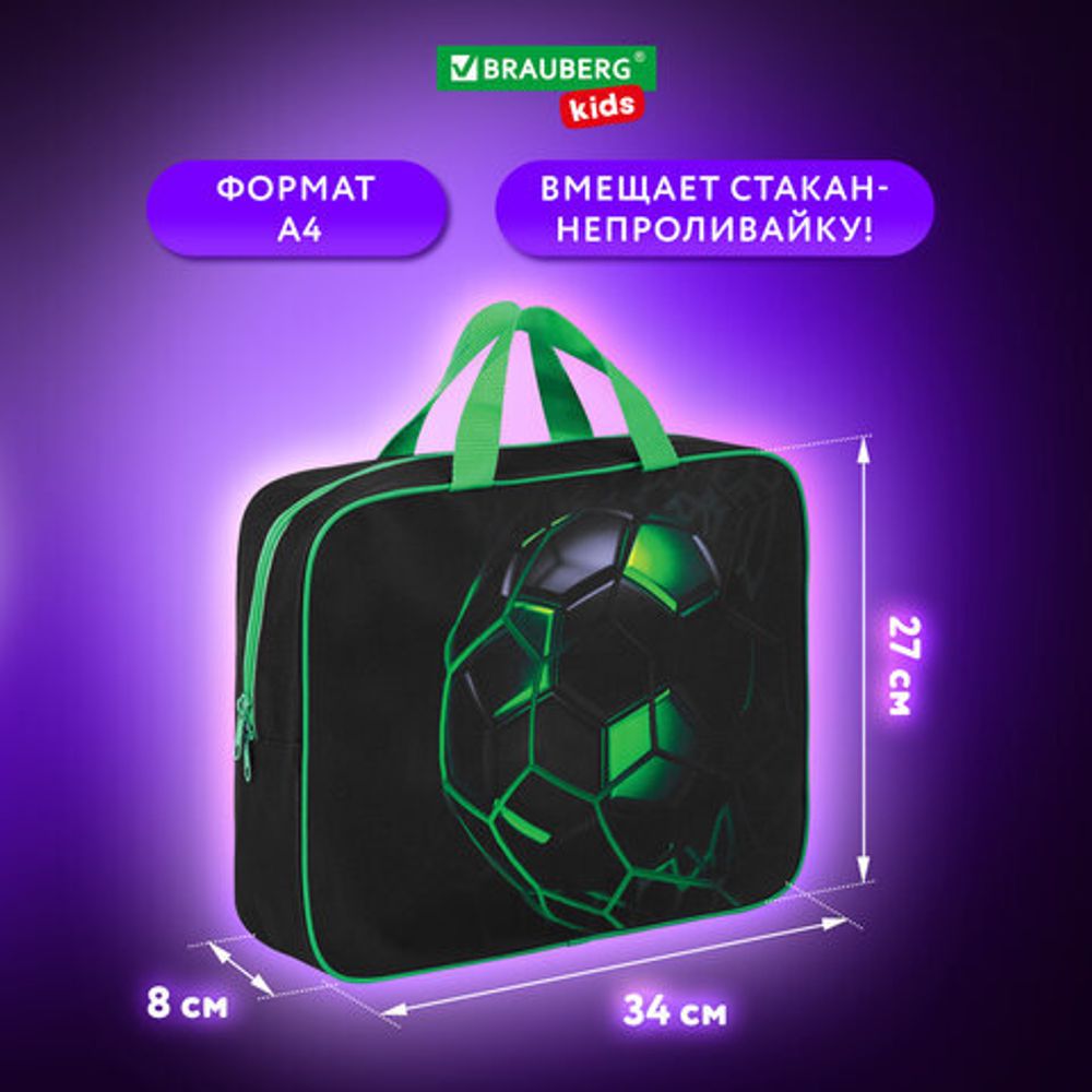 Папка на молнии с ручками BRAUBERG KIDS А4, 1 отделение, полиэстер, 80 мм, "Green ball", 272123