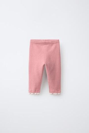 ZARA ТРИКОТАЖНЫЕ ЛЕГИНСЫ С ОБОРАМИ, БЛЕДНО-РОЗОВЫЙ