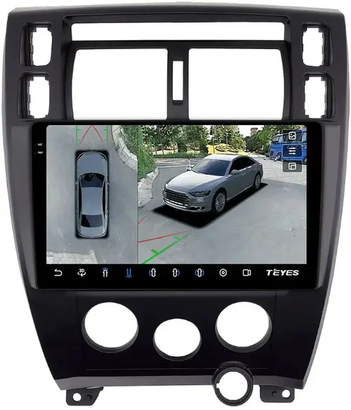 Магнитола для Hyundai Tucson 1 2004-2009 (рамка черная) - Teyes CC3-2K-360 монитор 13" 2K QLED на Android 10, Быстрая, CarPlay, 4G SIM-слот, 4 камеры в комплекте