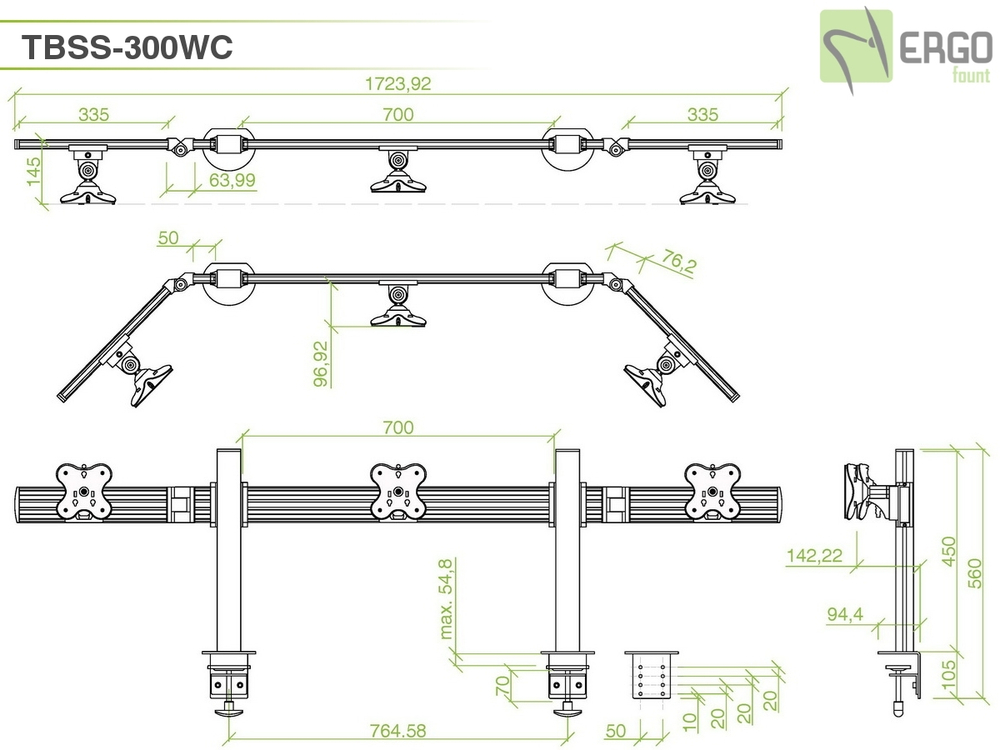 ErgoFount TBSS-300WC Настольное крепление для 3 мониторов диагональю до 24'' конфигурации 1х3 с зажимом к столу типа "С". Цвет - серебристый