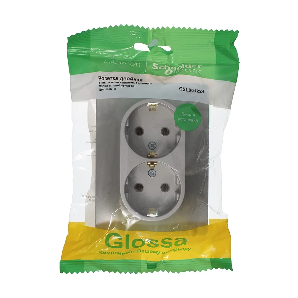 GLOSSA РОЗЕТКА двойная с заземлением без шторок, 16А, в сборе, ПЛАТИНА