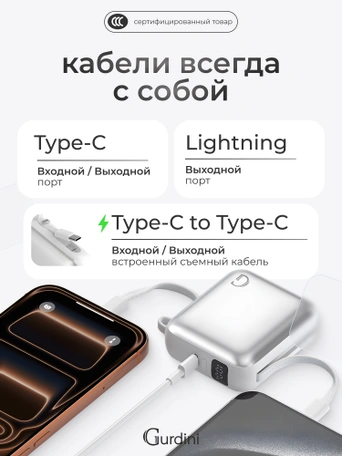 Внешний аккумулятор Gurdini Flow Power (CCC) 10000 mAh 20W ( built-in cables) USB-C/Lightning Silver