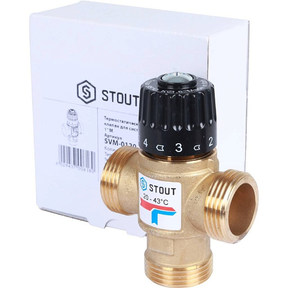 Клапан термостатический смесительный STOUT - 1" (НР, 20-43°C, Kvs 1.6, L-образное смешивание)
