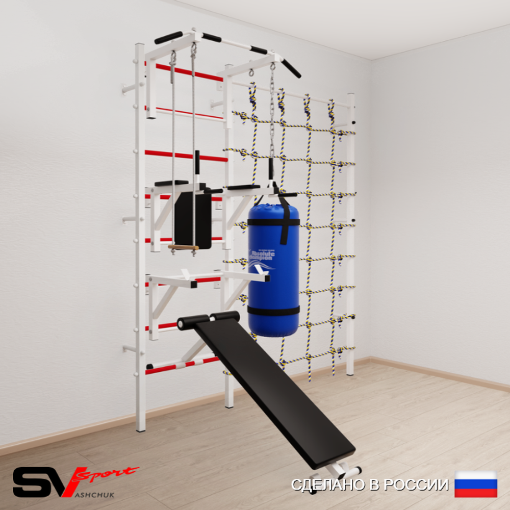 Шведская стенка Sv Sport усиленная 69320 (Турник стандарт/Брусья/Стойка/Скамья/Трапеция/Цепь/Мешок 22кг/Канатный лаз)