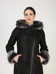 Дубленка зимняя натуральная с капюшоном длинная