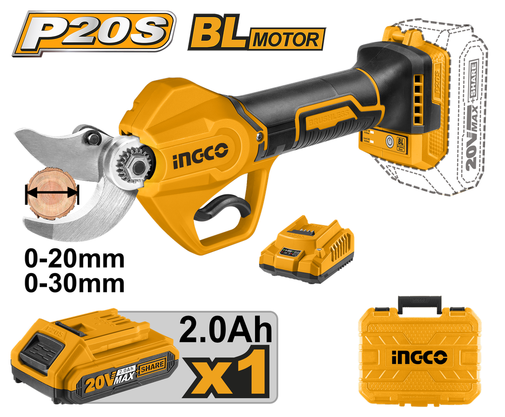 Аккумуляторный секатор INGCO CSSLI203083 INDUSTRIAL 20 В 20/30 мм 1x2 Ач Аккумуляторный секатор INGCO CSSLI203083 INDUSTRIAL 20 В 20/30 мм 1x2 Ач