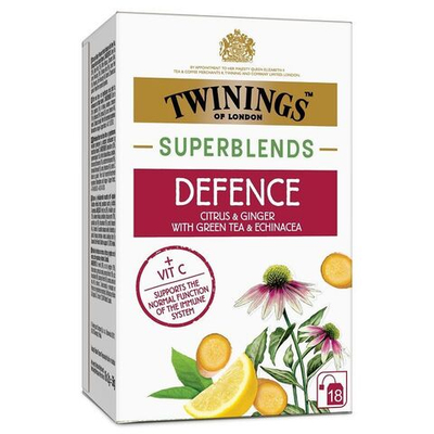 Чай зеленый Twinings Superblends Defense для иммунитета (витамин С, эхинацея, цитрусовые, имбирь) 18 пакетиков, 36 г (из Финляндии)