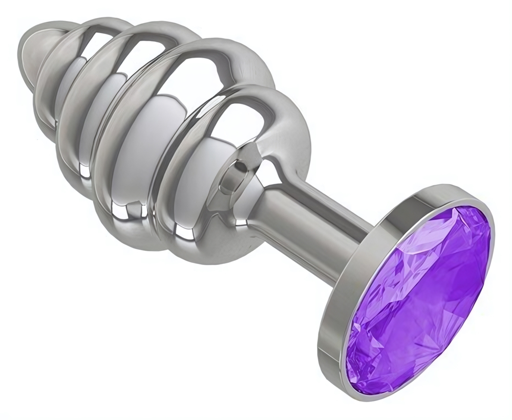 Анальная пробка Butt Plug Silver ребристая фиолетовый 8 см