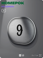 Номерок на дверь квартиры 9, для кабинета, офиса, шильдик 9 х 7 см, серебристый, Айдентика Технолоджи