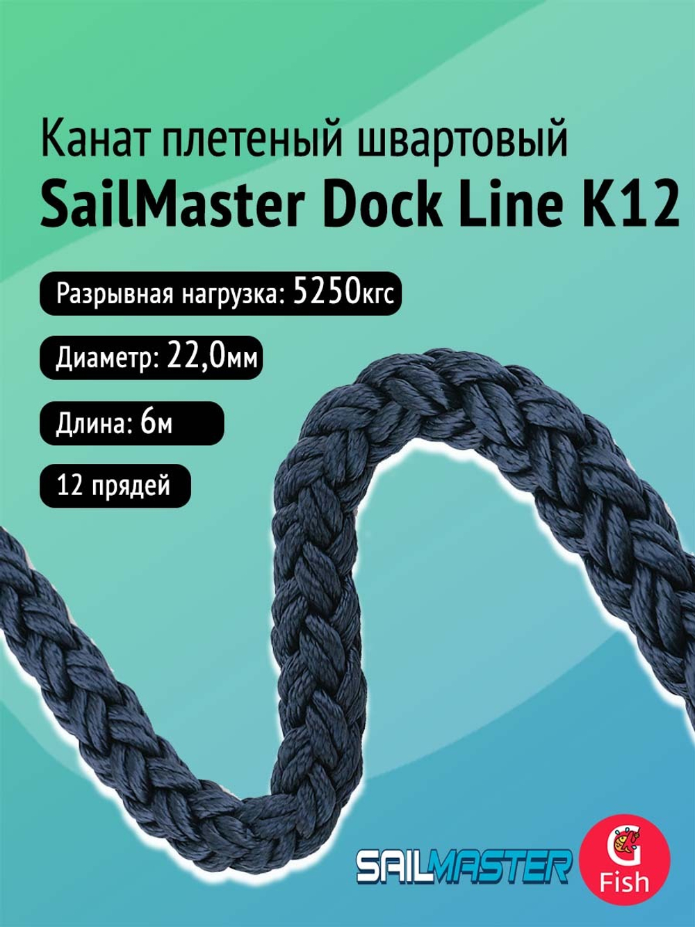Канат плетеный швартовый SailMaster 12-и прядный Dock Line К12, 24,0 мм, Navy Blue, 6000 кгс, 6 м, пакет