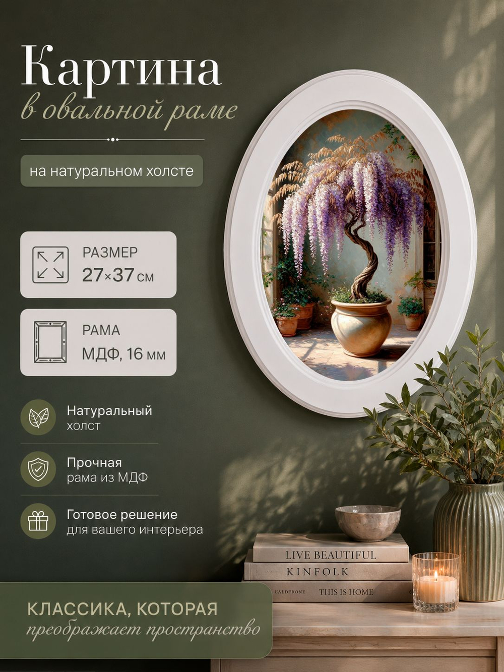 Картина на стену для интерьера на холсте в овальной раме 27*37 см