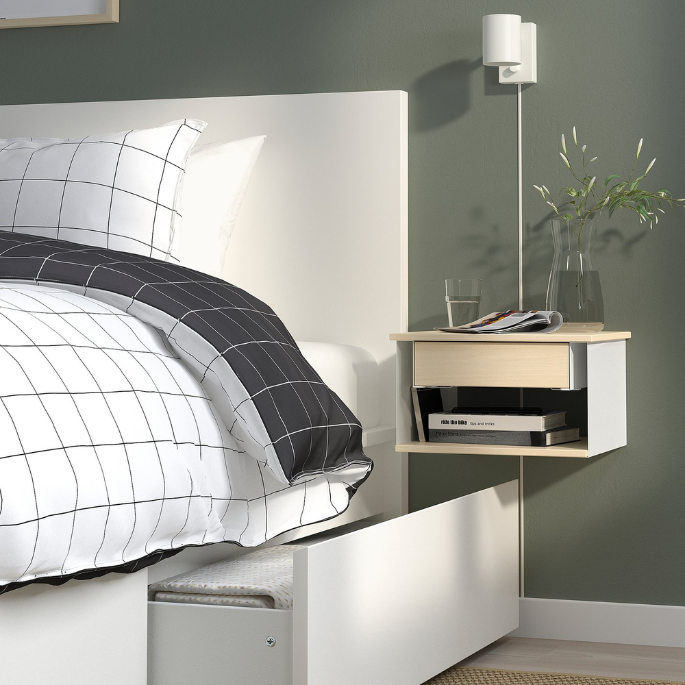 IKEA STOMSÖ  (ИКЕА СТОМСЁ)  -  Столик прикроватный настенный - имитация берёзы белый/синий 36x29x20 см