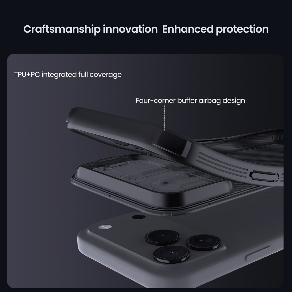Чехол серого цвета (Transparent black) на iPhone 17 Pro Max, серия CamShield Pro (обновленная двойная защитная шторка для камеры) от Nillkin