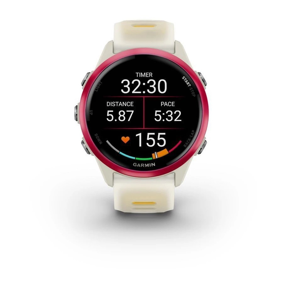 Смарт часы Garmin Forerunner 570 - 42мм, слоновая кость, алюминиевый безель малинового цвета, ремешок манго/слоновая кость