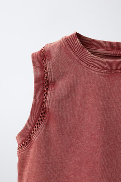 ZARA ТОП ИЗ ПЛОТНОГО ТРИКОТАЖА С ВЫШИВКОЙ, ТЕРРАКОТОВЫЙ