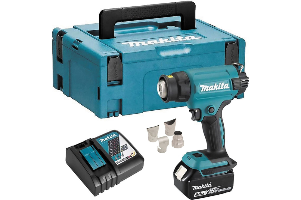 Аккумуляторный тепловой пистолет-фен Makita LXT 18В, 550 град, 2 скорости,6 режимов, кейс MakPac ,насадки 5.0Ач х1,з/у DHG181RT1J