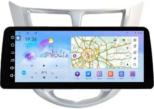 Магнитола для Hyundai Solaris 1 2010-2016 (рамка серебро) - FarCar S500+TS10 монитор 12.3" 2K QLED на Android 14, Быстрая, CarPlay, 4G SIM-слот