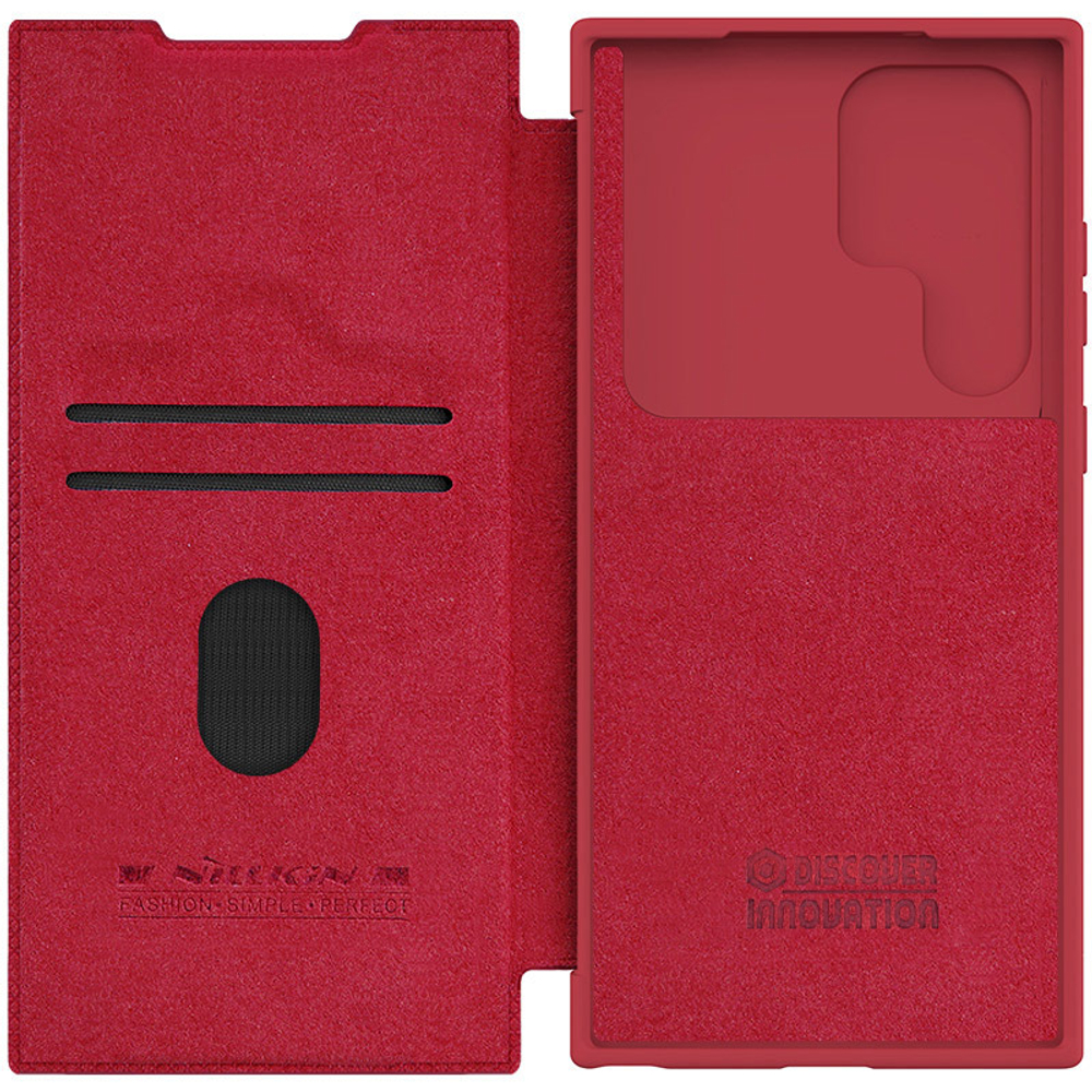 Чехол книжка красного цвета от Nillkin для Samsung Galaxy S23 Ultra, серия Qin Pro Leather с защитной шторкой для камеры