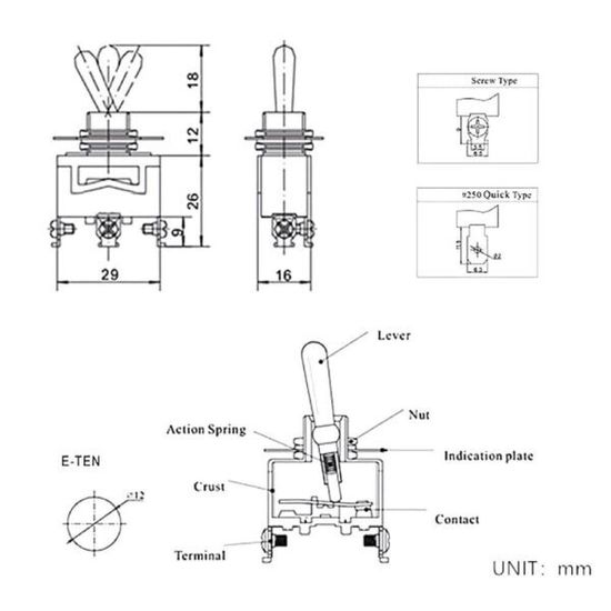 E-TEN1021 Тумблерный переключатель ON-OFF 2pin 15A (1 шт.)
