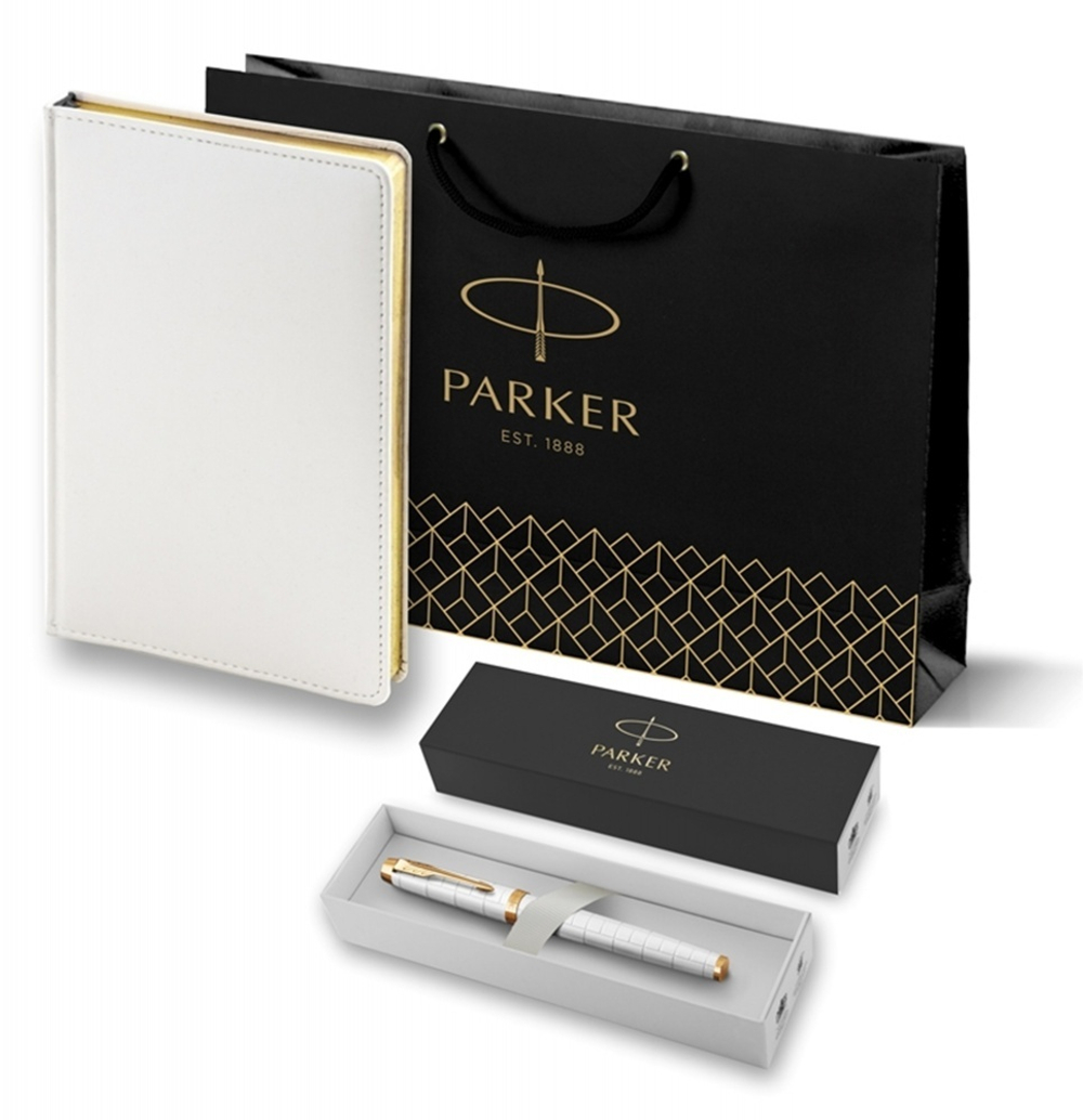 Подарочный набор: Ручка роллер Parker IM Premium T318 Pearl GT, цвет чернил черный и белый недатированный ежедневник с золотым срезом
