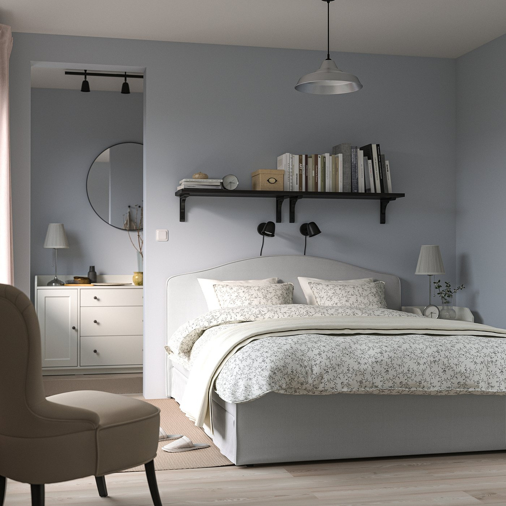 IKEA RAMNEFJÄLL  (ИКЕА РАМНЕФЙЭЛЛ)  -  Чехол на раму кровати - Кловста серо-белый 160х200 см
