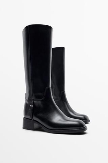 Massimo Dutti Кожаные сапоги на плоской подошве с боковой пряжкой, черный